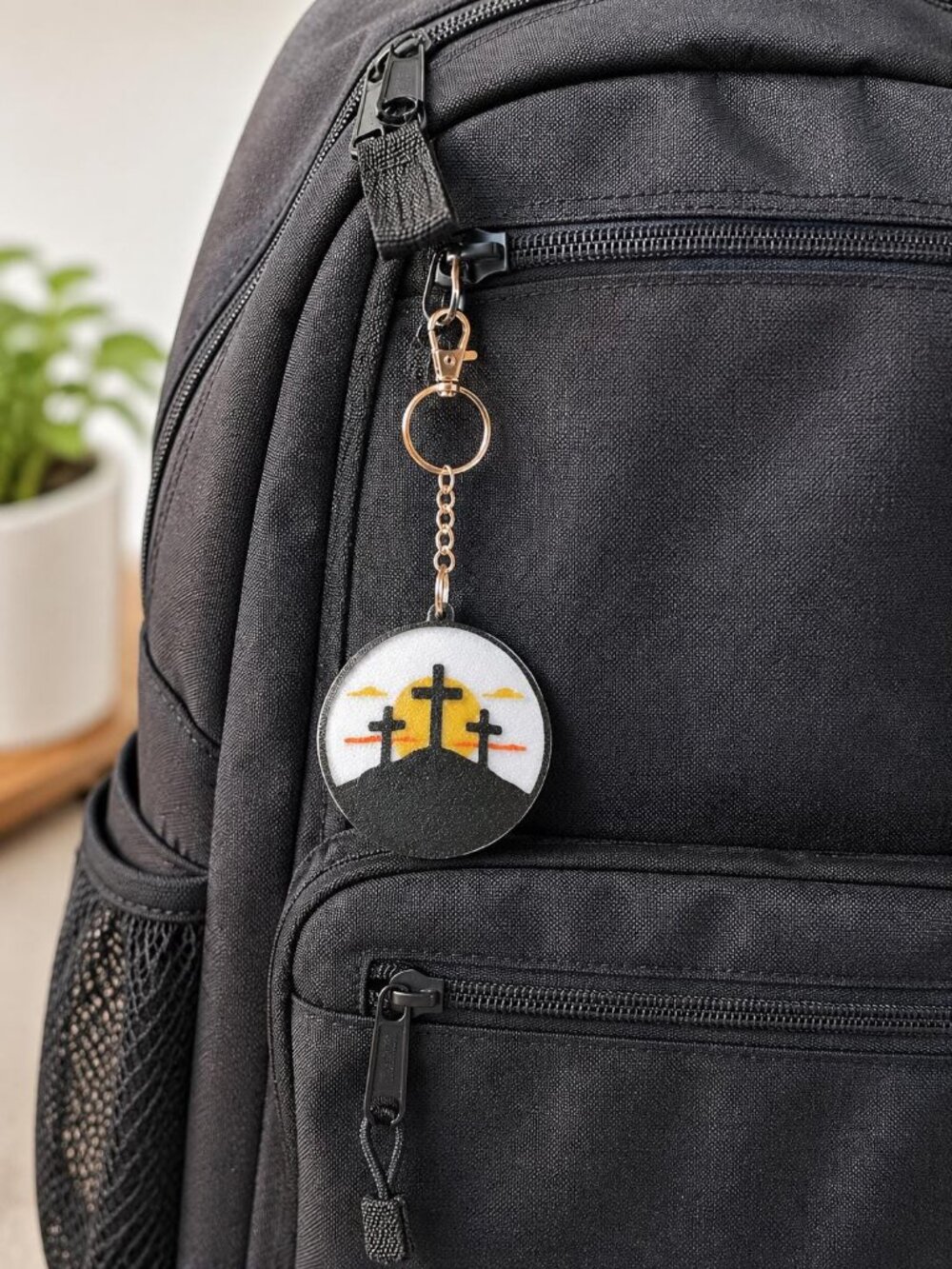 Three Crosses Sunrise Christian Keychain